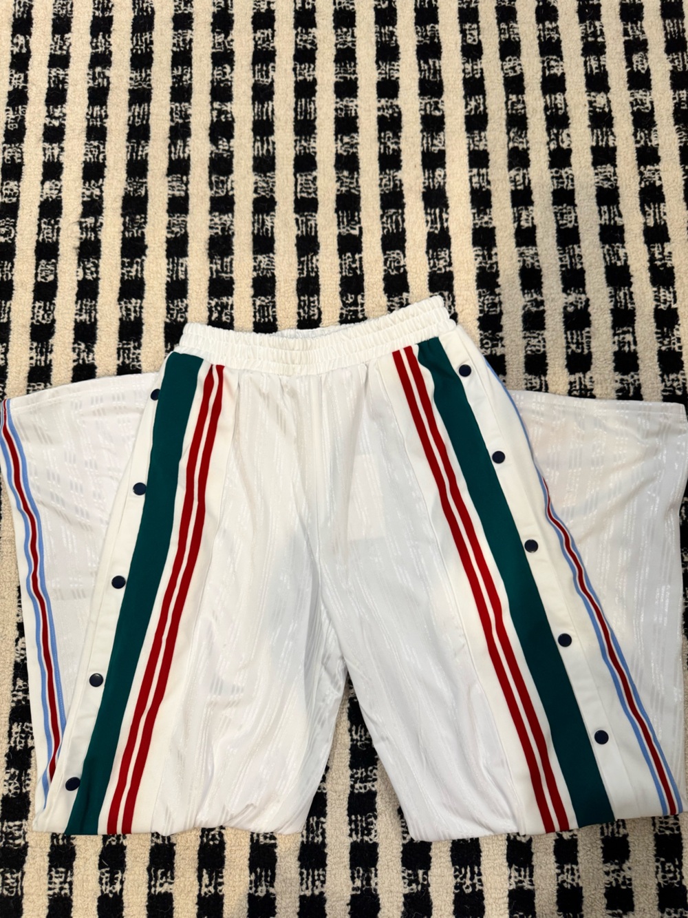 White Track Pants with Green & Red Side Stripes